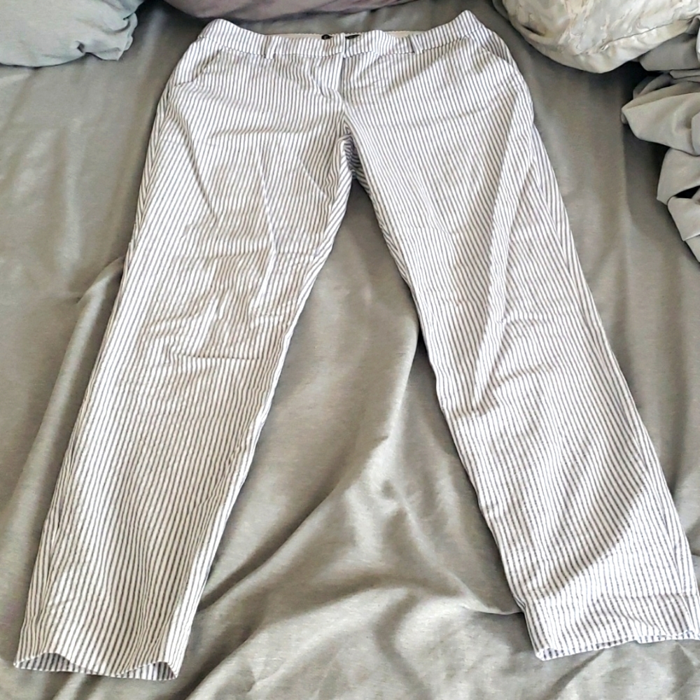 Blue and white pinstriped straight legged cropped pants from Express